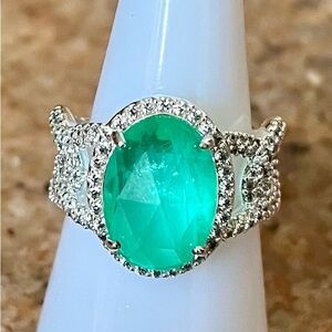 BP Resort Wear Silver Halo Ring with Emerald-Green Oval Stone